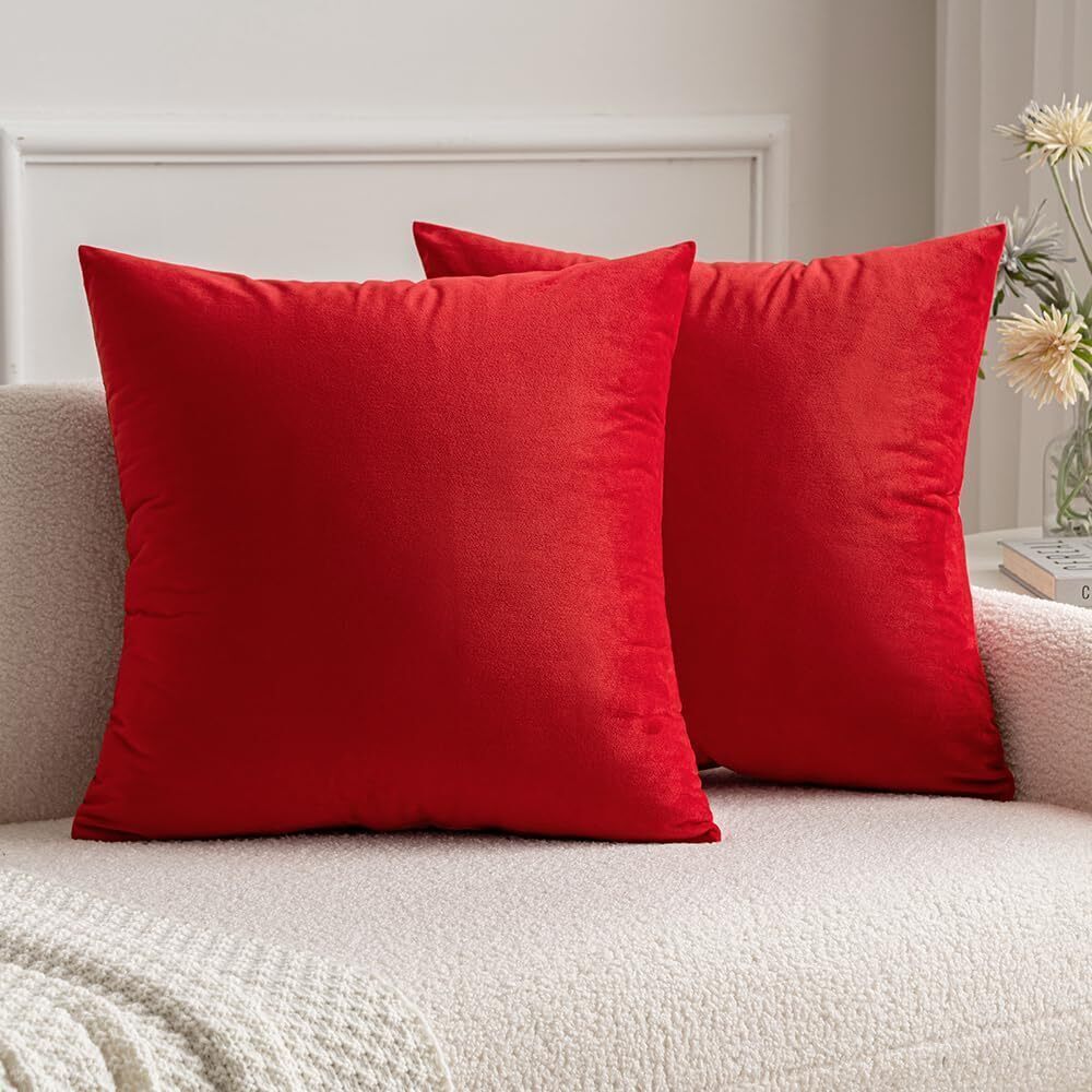 1594 Pack of 2 Christmas Bright Red Velvet Throw Pillow Covers 16x16 Inch